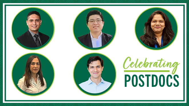 Five postdoc headshots by lime green and dark green text "Celebrating postdocs"