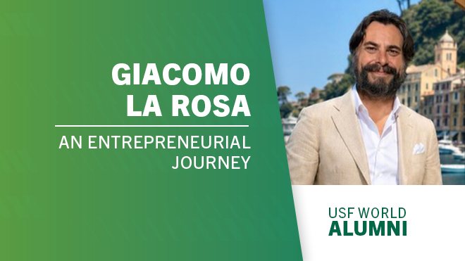 Giacomo smiling with a side panel saying "Giacomo La Rosa: An entrepreneurial journey" and "USF World Alumni"