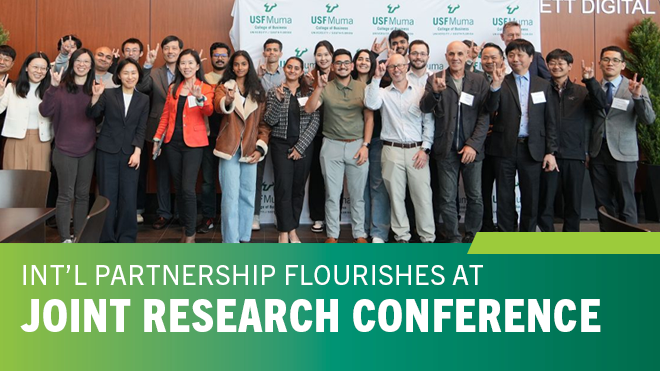 A person smiling and waving at a computer with lower third banner that says "Growing global partnerships through USF Virtual Exchange"