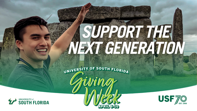 "Support the Next Generation" with Giving Week logo underneath on top of a photo that has a student raising arms toward ancient stones