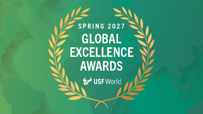 image with green background overlayed with dark green countries and on top is text "Global Engagement Awards Spring 2027" with the USF World logo, all text in white and surrounded by gold laurel leaves