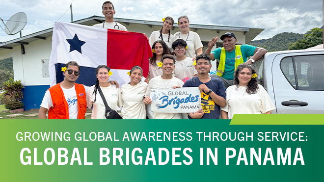 group of people with panama flag and sign that says "Global Brigades Panama"