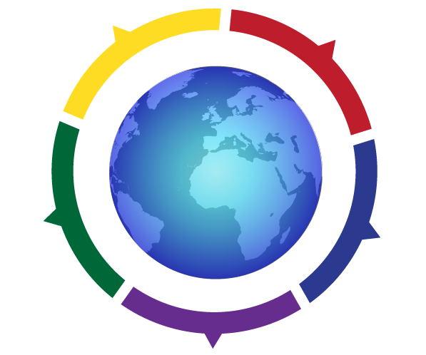 globe surrounded by rainbow colored arrows