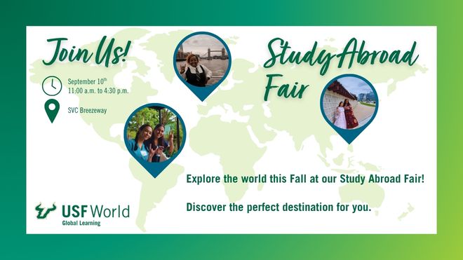 green map of the world with images of students on map markers and event text overlaid