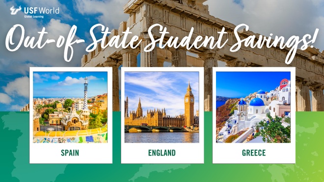 snapshots of locations in Spain, England and Greece superimposed over maps of each outry and an image of the Greek Parthenon