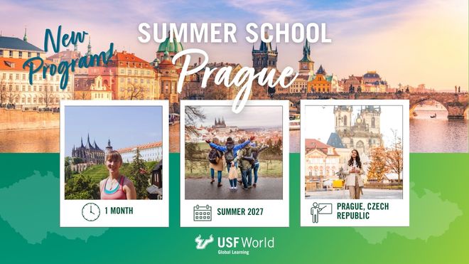 wording superimposed over an image of study abroad students in a Czech cityscape