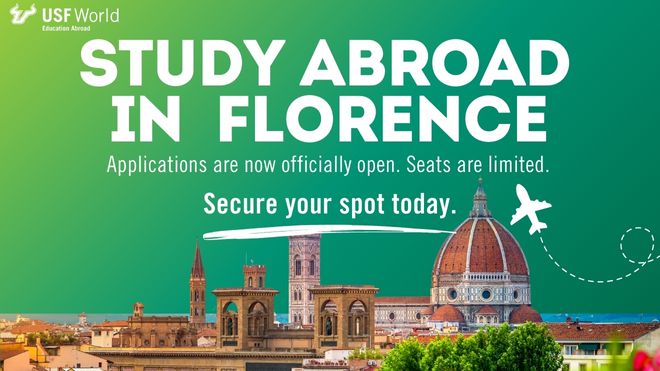 teal and green background with the city of florence italy and an airplane icon in the foreground