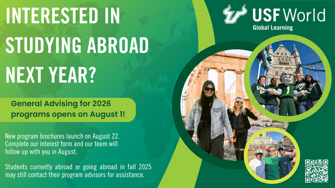 Text on a gradient background that says: USF Education Abroad Advising 2026. Learn more.