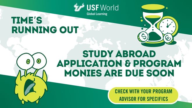 map of the world in the background with green, teal, and apple-colored graphics of a worried fuzzy alien and looking at an hourglass and clock marking the fast passing of time