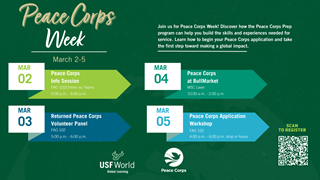 Peace Corps week activities listed on stylized pennants
