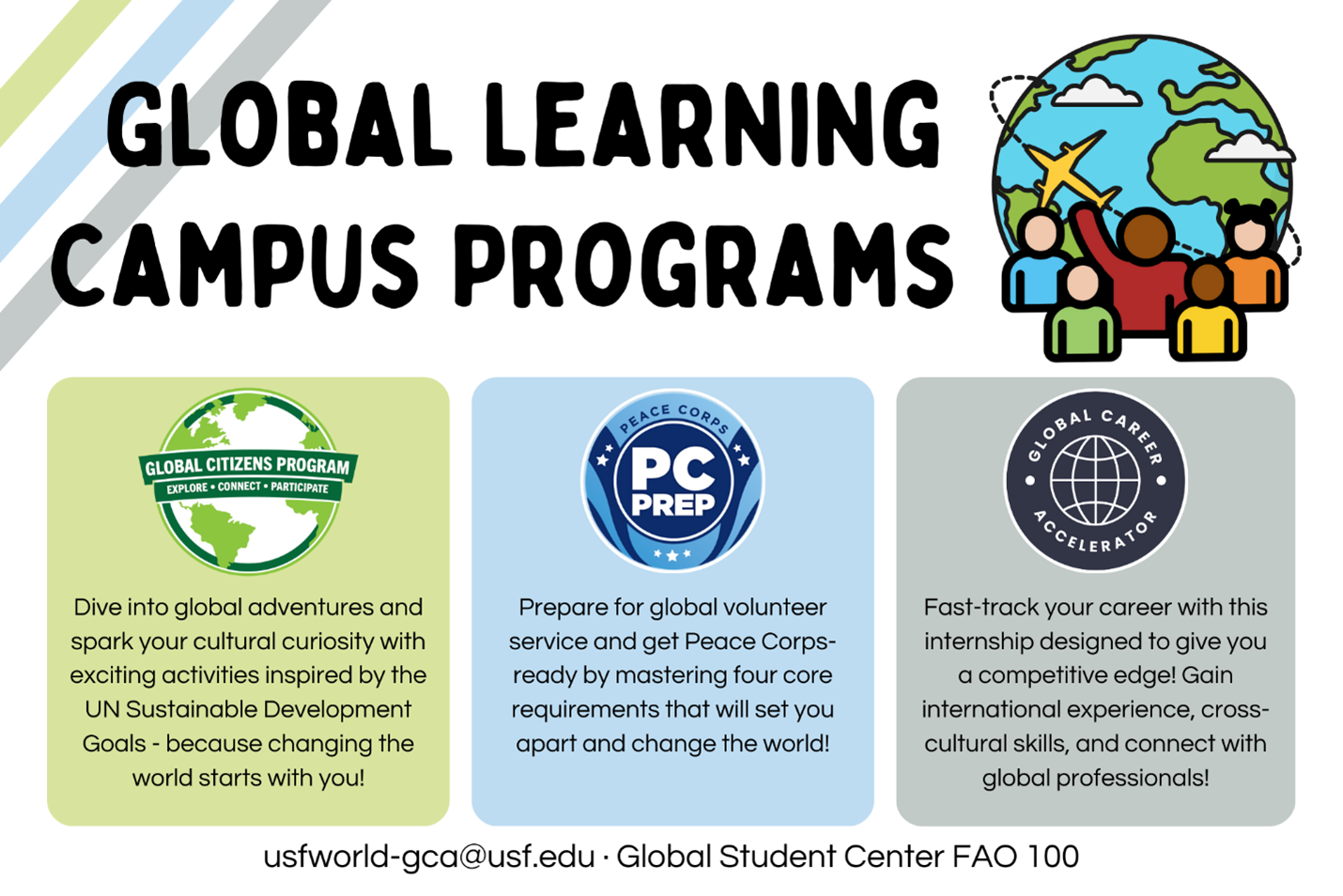 global learning programs identified as the Global Citizens Program, Peace Corps Prep certificate, and the Global Career Accelerator
