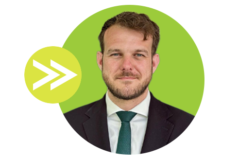 Christopher Johnson on green circle background and with a yellow circle with arrows