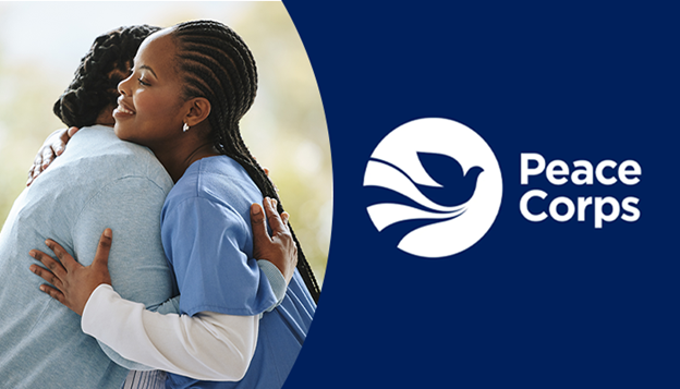 peace corps dove logo in blue with image of two women embracing each other opposite on the left