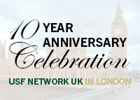 "10 year celebration USF Network UK in London" with a photo of a London building