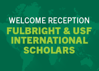 Green country on green background for text "Welcome Reception Fulbright & USF International Scholars"
