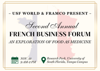 Gold background for text "Second Annual French Business Forum: Exploration of Food as Medicine"