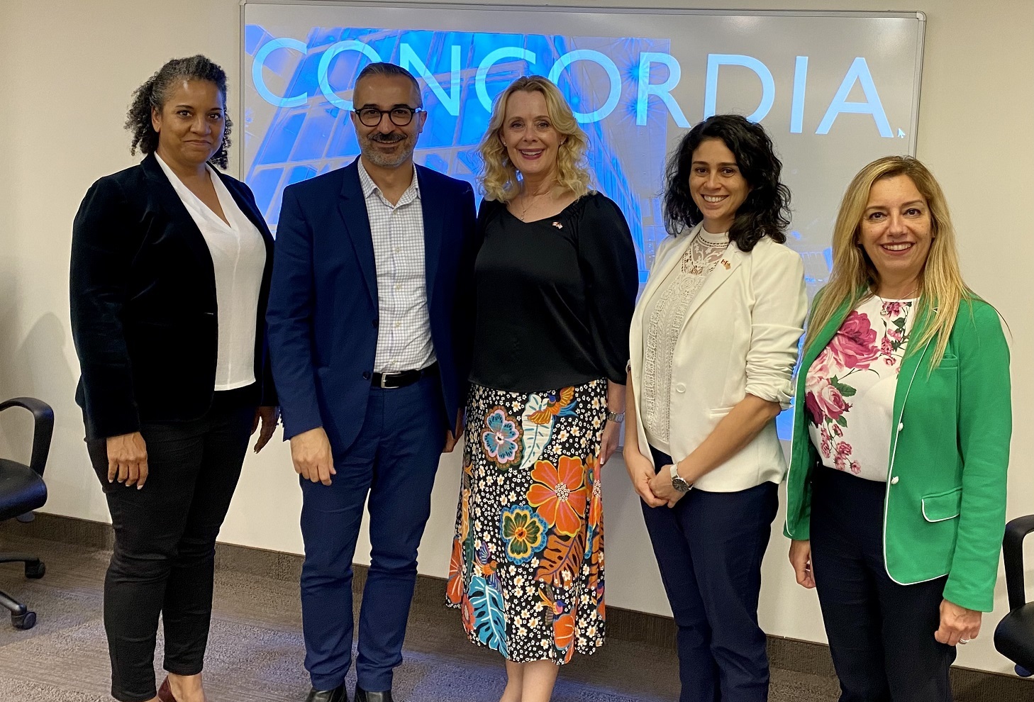 USF World members Dr. Kiki Caruson (center) and Vanessa Martinez (to her right) with partner representatives from Concordia University.