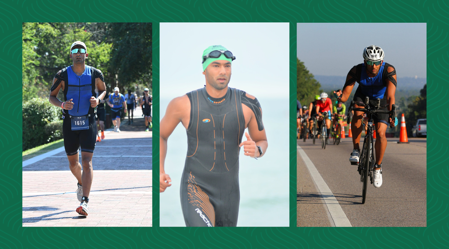 Indian alumnus, Aditya Sharma is displayed in three pictures from a triathalon - running, swimming, and biking