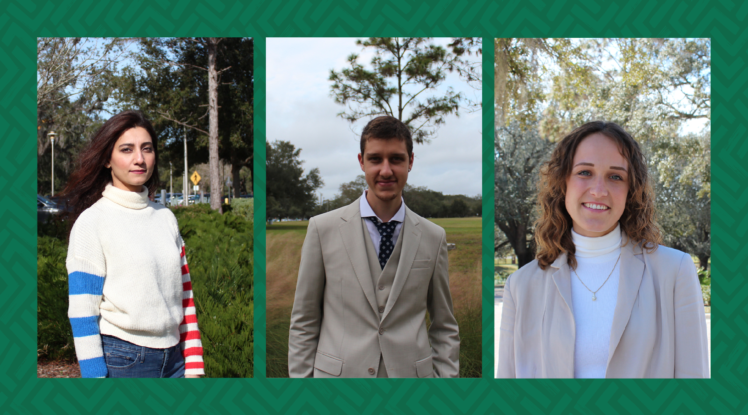portraits of patel colleges of global sustainability students, Rida Ahmed, Daniel Blanco, and Julia Pastorek