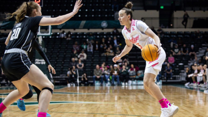 Action shot of USF women's basketball player, Carla Brito, dribbling past an opposing player during a game