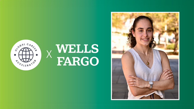 Headshot of a girl on a gradient background and outlined in white set to the right and on the left are two logos, one for Global Career Accelerator and the other for Wells Fargo