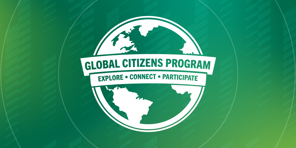 Logo that says "Global Citizens Program: Explore, Connect, Participate" on green globe with dark green banner on white background