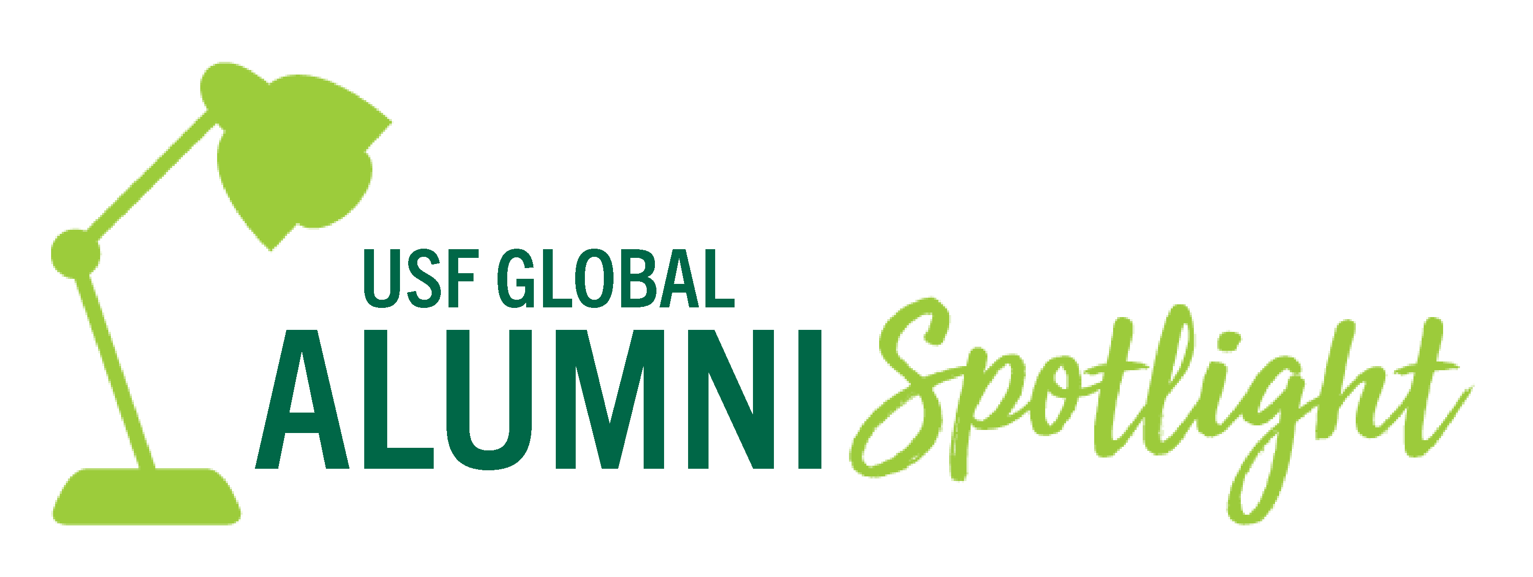 lime green spotlight lamp with the text USF global spotlight in script font