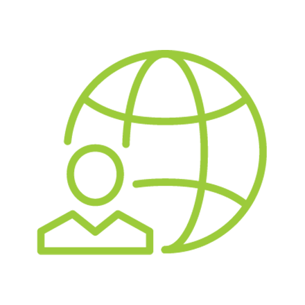 Person in front of a globe with a grid in lime green icon