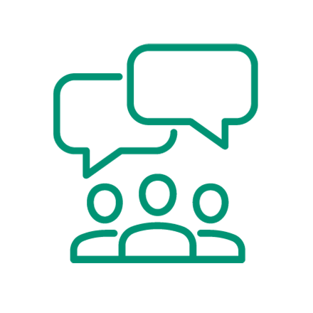 Three people with text bubbles over their head icon