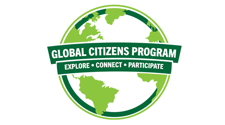 Dark Green and Lime Green logo of a world with a banner across that says "Global Citizens Program"