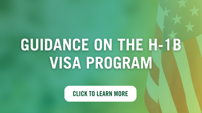 "Gudiance on the H-1B Visa Program" text on green background overlay with an american flag in the background on the right