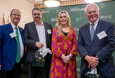USF Sarasota-Manatee Interim Chancellor Brett Kemker, Associate Professor Scott Solomon, USF World Vice President Kiki Caruson and Ambassador Christopher Hill 
