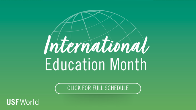 Green gradient background with "International Education Month" and "Click for full schedule"