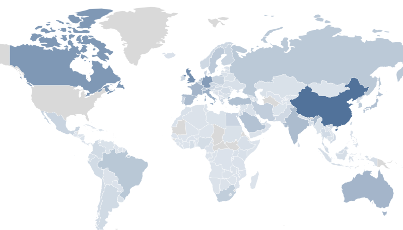 Geographical heat map of USF international co-publication 2015-2019