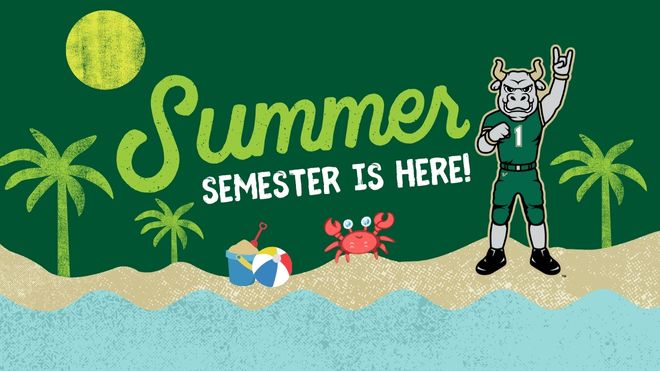 Green background on  beach with Rocky the bull with text saying summer semester is here