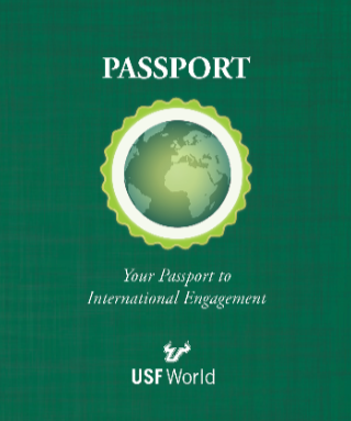 cover of USF World faculty passport resources featuring a green background and gold globe