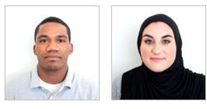 sample passport style photos of a man and woman. The man on the left has dark skin, short black hair, and a grey polo shirt. The woman on the right is wearing a black hijab.