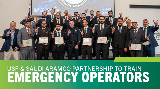 photo of group of people with green lower-third bar that says "USF & Saudi Aramco Partnership to Train Emergency Operators"
