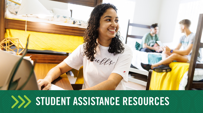 "Student Assistance Resources" white text under a student smiling
