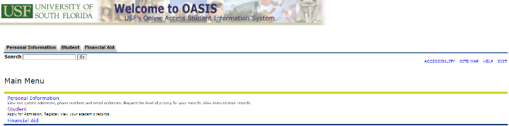 example of a student OASIS home page