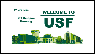 green welcome to USF off-campus housing wording above graphics of USF's 3 campuses