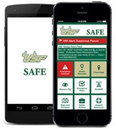 snapshot of two cell phone application views of USF's safety app home page and bulls USF logo