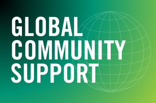 "Global Community Crisis Support" white text on green-black gradient with a faded network globe in the background