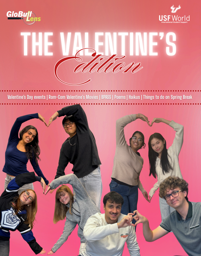 The Valentines Edition of the GloBull Lens adorns the cover in large pink text with different individuals display heart gestures either holding hands, individually, or shared.