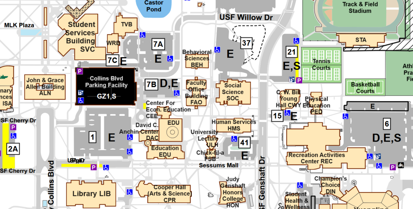 A close screenshot of the parking lots surrounding the Faculty Administration Office building.