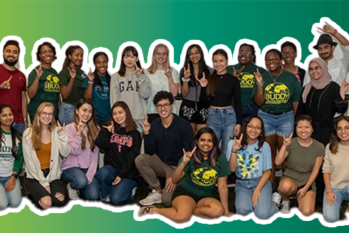 Students on a gradient background holding up bulls signs with hands
