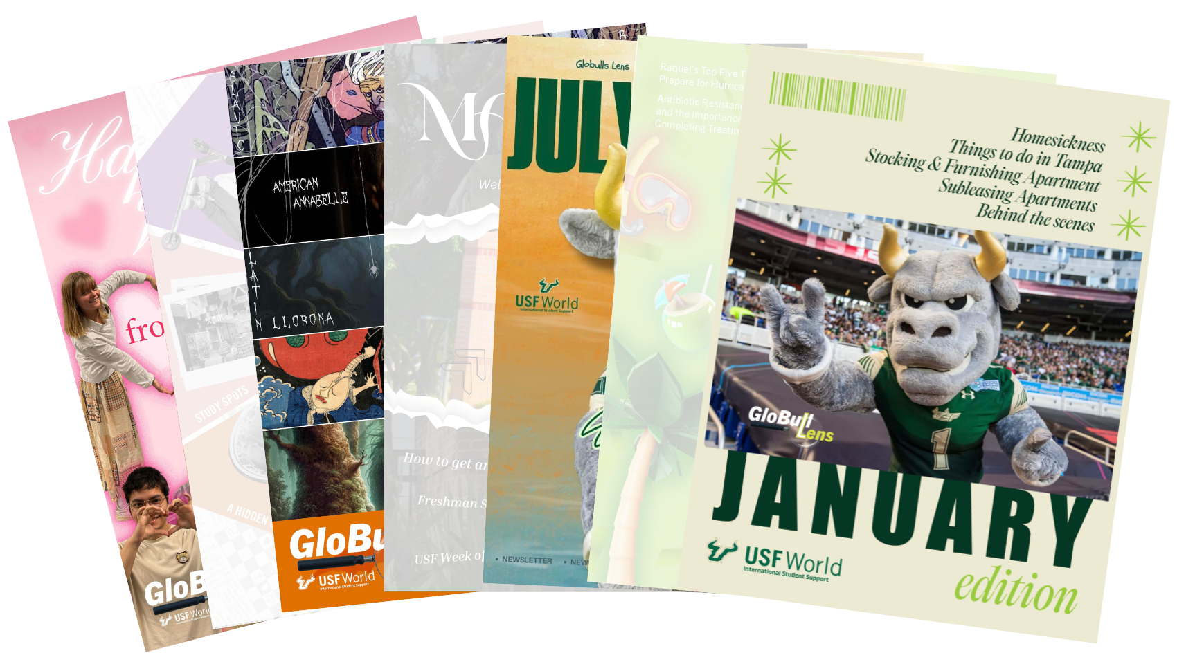 The International Student Support GloBull Lens Newsletters faned out across an arch pattern. Mulitple additions are shown.