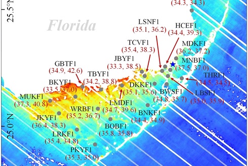 rainbow colored temperature heat map of the southeastern coast of Florida