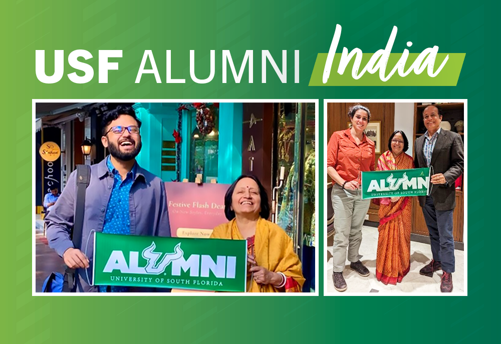 Entrepreneur and USF alumnus Ishan Mitra and Aruna Dasgupta proudly display a USF alumni banner