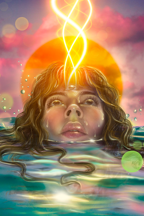 amador's artwork: close up of a girl's head emerging from the water, a golden beam rises from her forehead to pink sky